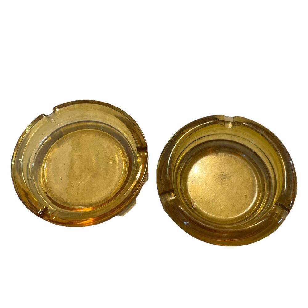 Set of 2 Vintage Amber Glass Ashtrays • Harvest Gold MCM Retro 4.5" Round